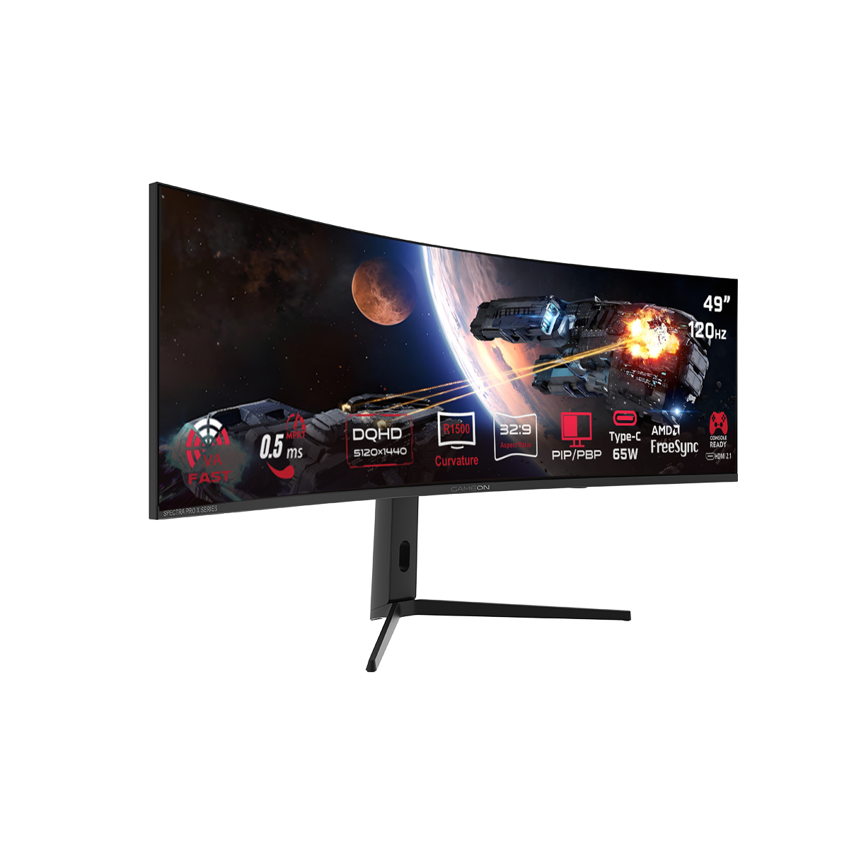 Pre Order GAMEON GOC49DQHD120 Spectra Pro X Series 49" DQHD, 120Hz, MPRT 0.5ms, HDMI 2.1, Fast VA Panel Curved Gaming Monitor 1500R 32:9 (Supports PS5) - Black
