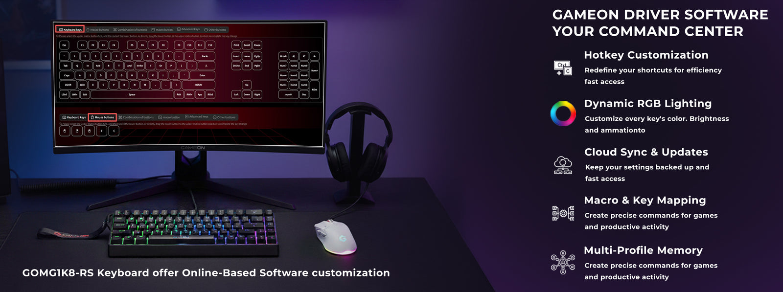 GAMEON MAGPRO GOMG1K8-RS keyboard driver software interface on a gaming setup showcasing customizable RGB lighting, macro creation, key mapping, cloud sync, and multi-profile memory features.