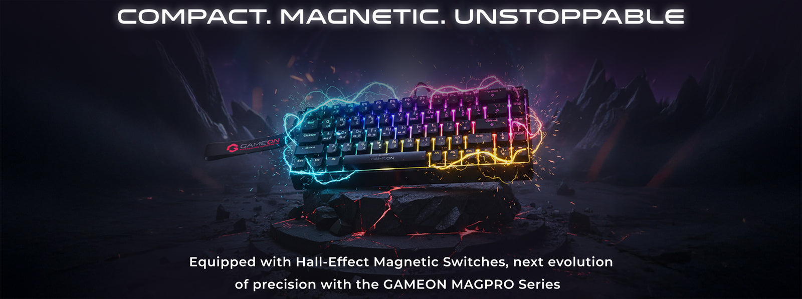 GAMEON MAGPRO Series 60% RGB magnetic gaming keyboard with Hall-Effect pink switches, compact layout, and futuristic design emphasizing precision and performance.