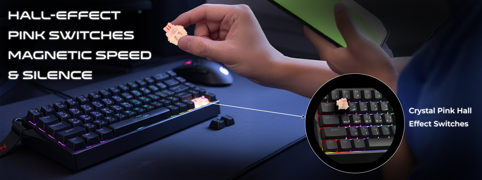 GAMEON MAGPRO GOMG1K8-RS keyboard with Hall-Effect pink magnetic switches, ultra-fast response, silent operation, and customizable hot-swappable keycaps.