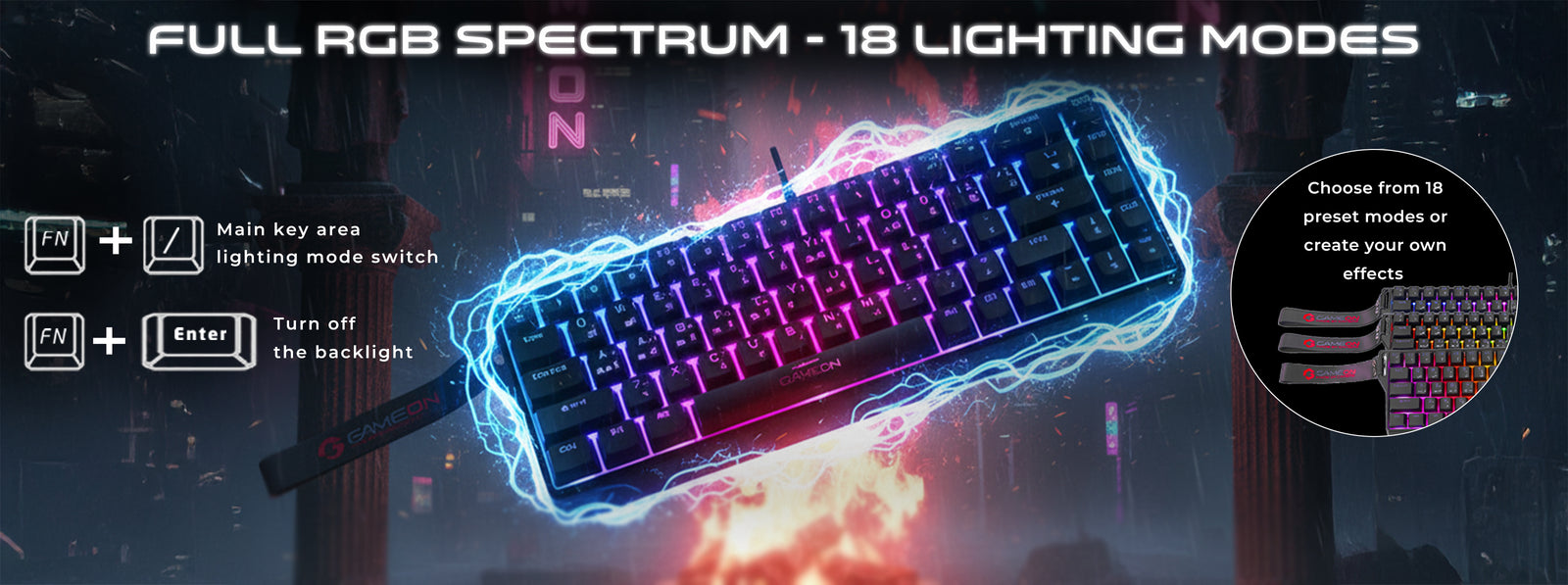 GAMEON MAGPRO GOMG1K8-RS keyboard featuring full RGB spectrum with 18 customizable lighting modes, adjustable brightness and speed, and driver-supported color effects.