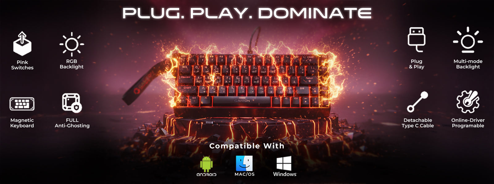 GAMEON MAGPRO GOMG1K8-RS magnetic gaming keyboard with pink Hall-Effect switches, RGB backlight, detachable Type-C cable, full anti-ghosting, and cross-platform compatibility with Windows, Mac, and Android.