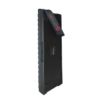 Bottom view of GAMEON MAGPRO GOMG1K8-RS 60% RGB magnetic keyboard showing rear label, foldable stands, and attached GAMEON wrist strap.