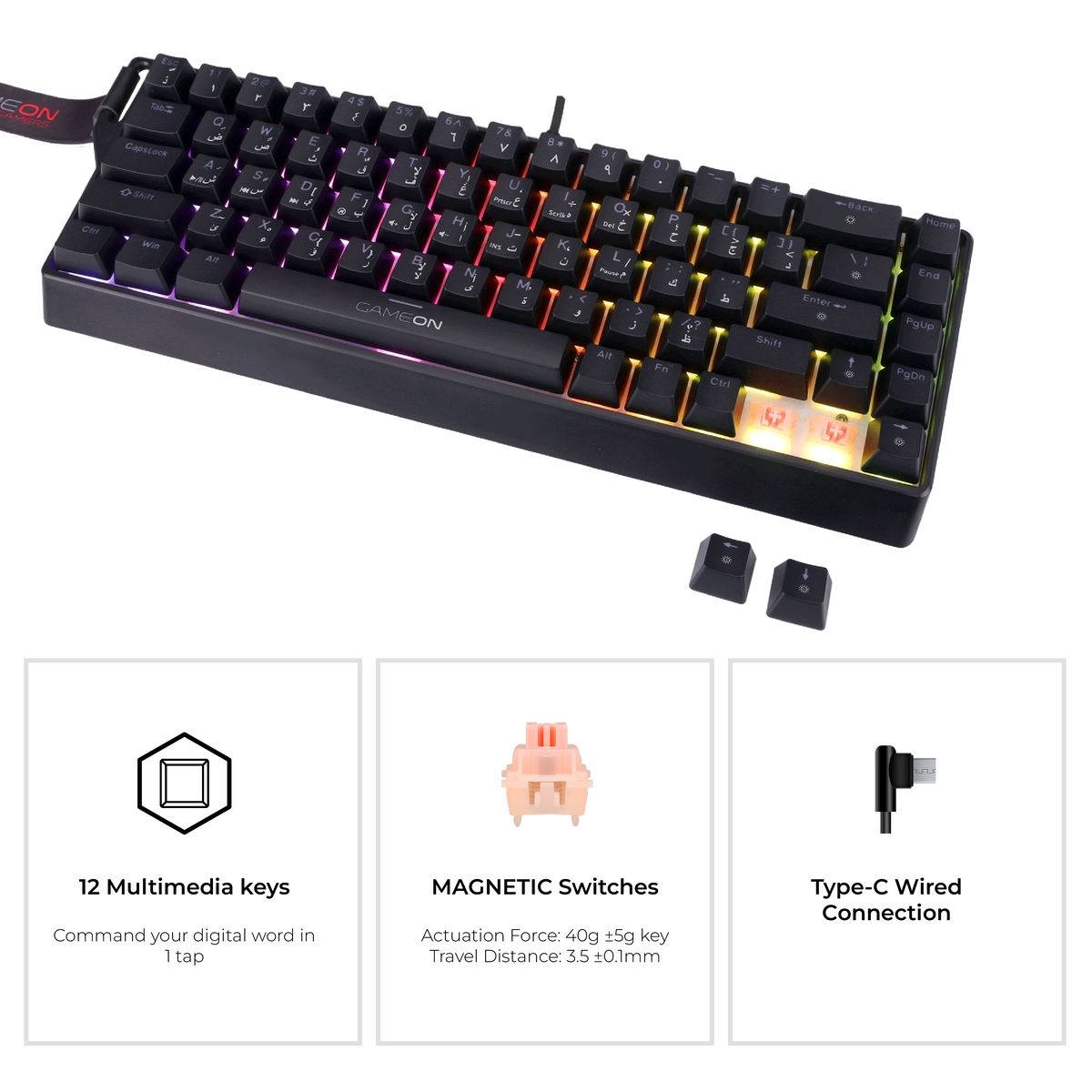 Side angle of GAMEON MAGPRO GOMG1K8-RS Magnetic Keyboard - slim profile with pink switches, RGB backlight, Type-C connection, and 12 multimedia keys.