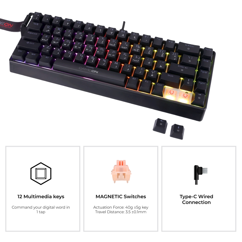 Side angle of GAMEON MAGPRO GOMG1K8-RS Magnetic Keyboard - slim profile with pink switches, RGB backlight, Type-C connection, and 12 multimedia keys.