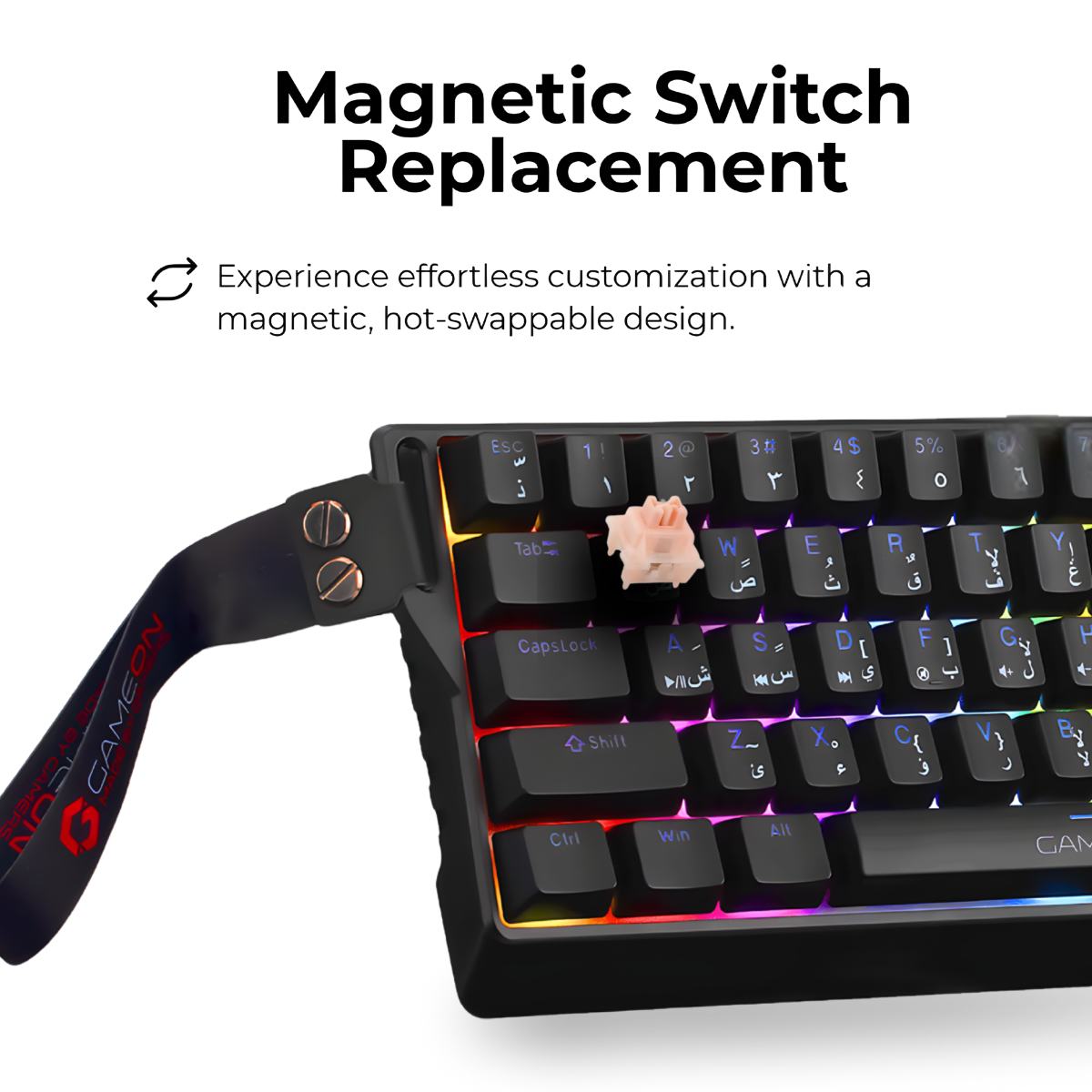 GAMEON MAGPRO GOMG1K8-RS 60% RGB Magnetic Gaming Keyboard - Side angle showing pink magnetic switch detail.