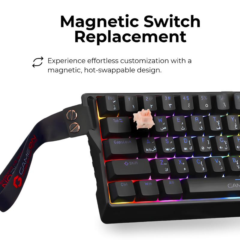 GAMEON MAGPRO GOMG1K8-RS 60% RGB Magnetic Gaming Keyboard - Side angle showing pink magnetic switch detail.