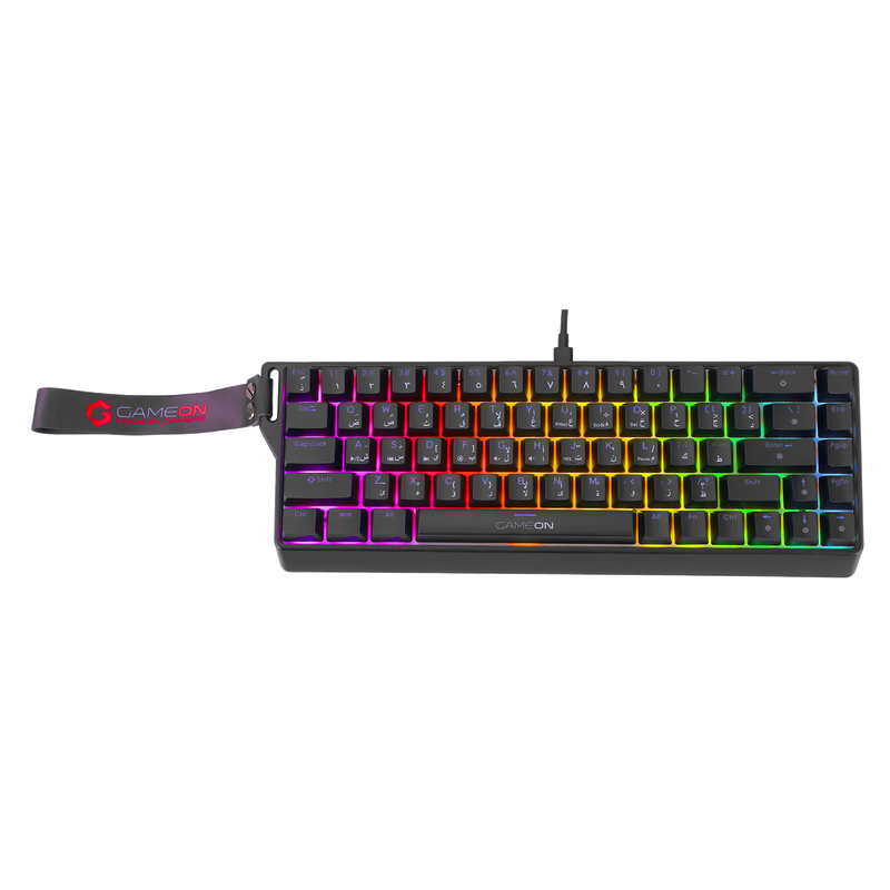 Top view of GAMEON MAGPRO GOMG1K8-RS 60% RGB magnetic gaming keyboard with vivid rainbow backlighting and detachable GAMEON wrist strap.