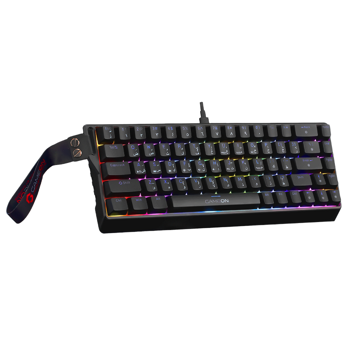 Angled view of GAMEON MAGPRO GOMG1K8-RS 60% RGB magnetic gaming keyboard with rainbow backlighting and detachable GAMEON wrist strap.