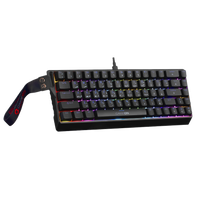 Angled view of GAMEON MAGPRO GOMG1K8-RS 60% RGB magnetic gaming keyboard with rainbow backlighting and detachable GAMEON wrist strap.