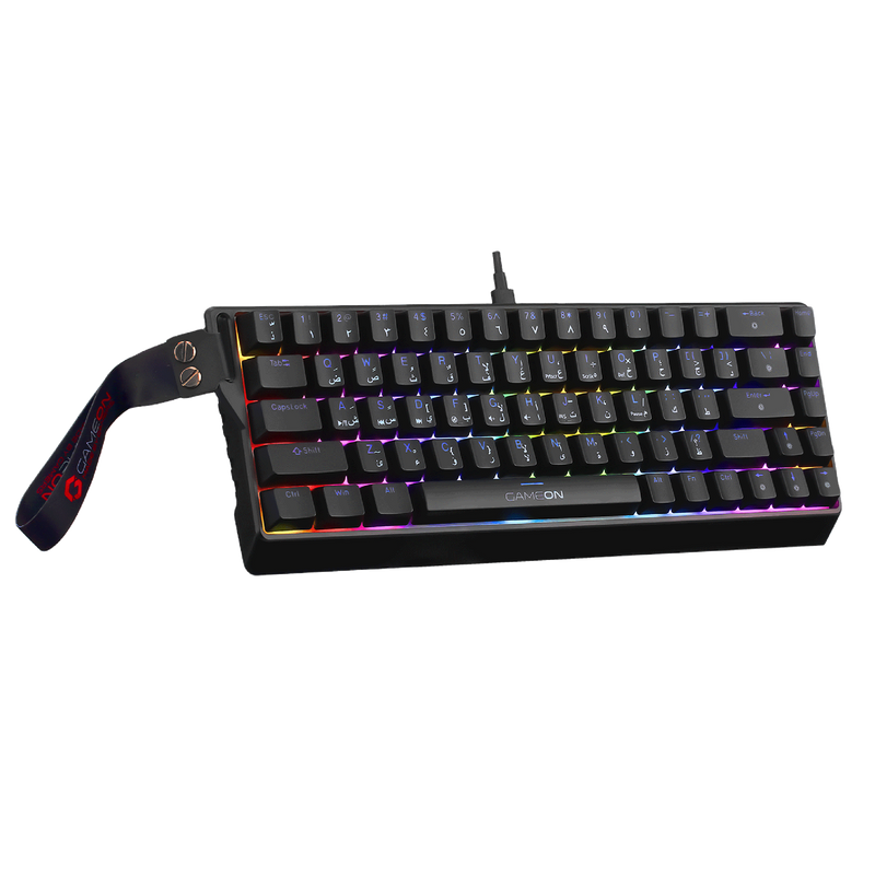 Angled view of GAMEON MAGPRO GOMG1K8-RS 60% RGB magnetic gaming keyboard with rainbow backlighting and detachable GAMEON wrist strap.