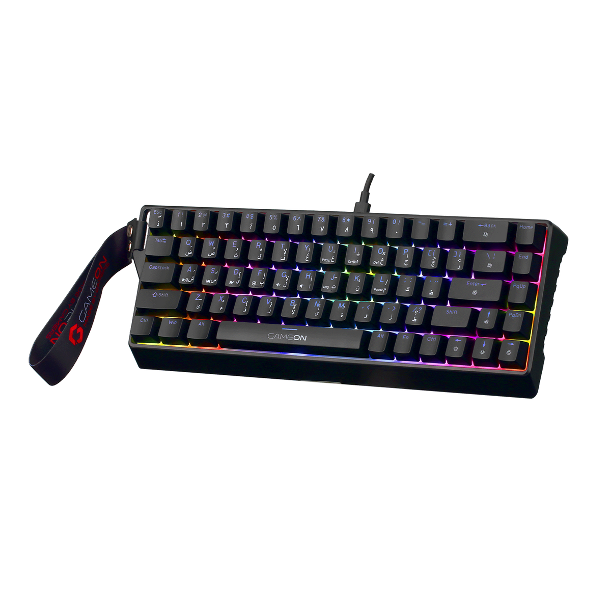 Angled front view of GAMEON MAGPRO GOMG1K8-RS 60% RGB magnetic gaming keyboard with vibrant rainbow lighting and detachable GAMEON wrist strap.