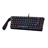 Angled front view of GAMEON MAGPRO GOMG1K8-RS 60% RGB magnetic gaming keyboard with vibrant rainbow lighting and detachable GAMEON wrist strap.