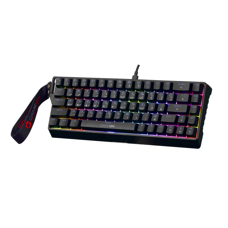 Angled front view of GAMEON MAGPRO GOMG1K8-RS 60% RGB magnetic gaming keyboard with vibrant rainbow lighting and detachable GAMEON wrist strap.