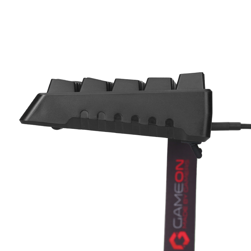 Side profile of GAMEON MAGPRO GOMG1K8-RS 60% RGB magnetic gaming keyboard showing its slim design, key elevation, and attached GAMEON wrist strap.