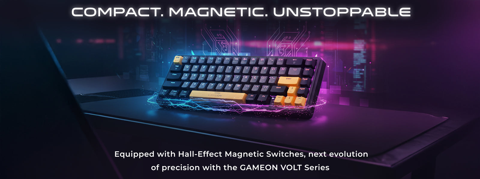 GAMEON VOLT Series 60% RGB magnetic gaming keyboard with Hall-Effect pink switches, compact layout, and futuristic design emphasizing precision and performance.