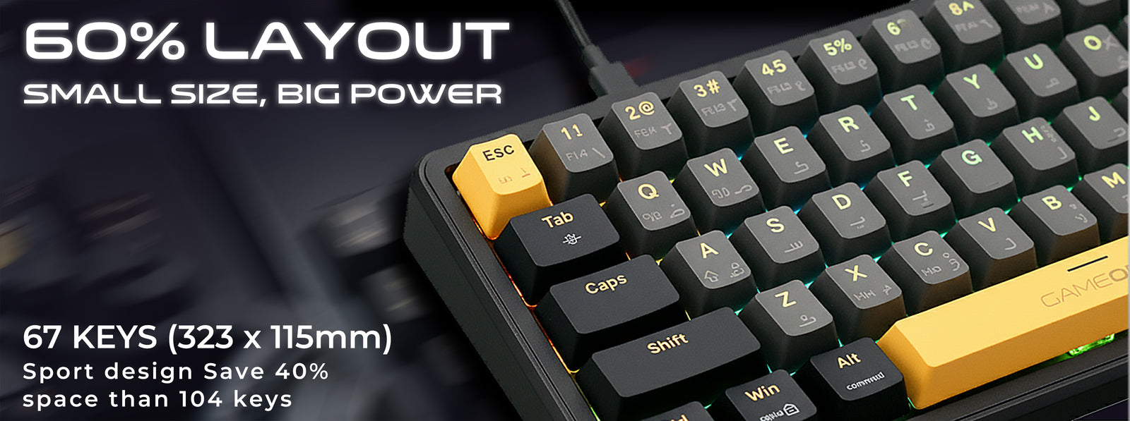 GAMEON VOLT GOMGK68-RS 60% RGB magnetic gaming keyboard with 67-key compact layout, space-saving design, and portable form factor for efficient gaming and productivity.