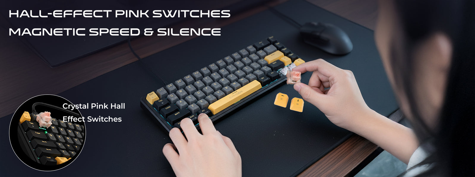 GAMEON VOLT GOMGK68-RS keyboard with Hall-Effect pink magnetic switches, ultra-fast response, silent operation, and customizable hot-swappable keycaps.
