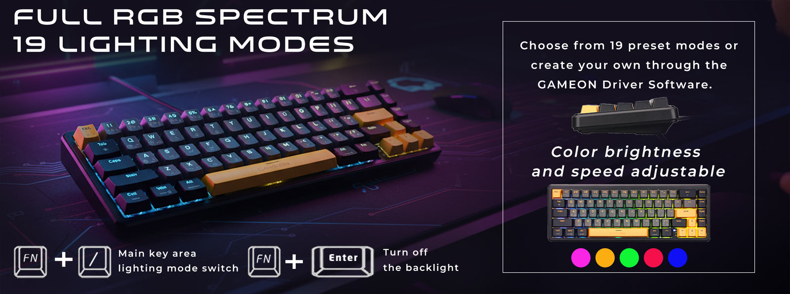 GAMEON VOLT GOMGK68-RS keyboard featuring full RGB spectrum with 19 customizable lighting modes, adjustable brightness and speed, and driver-supported color effects.