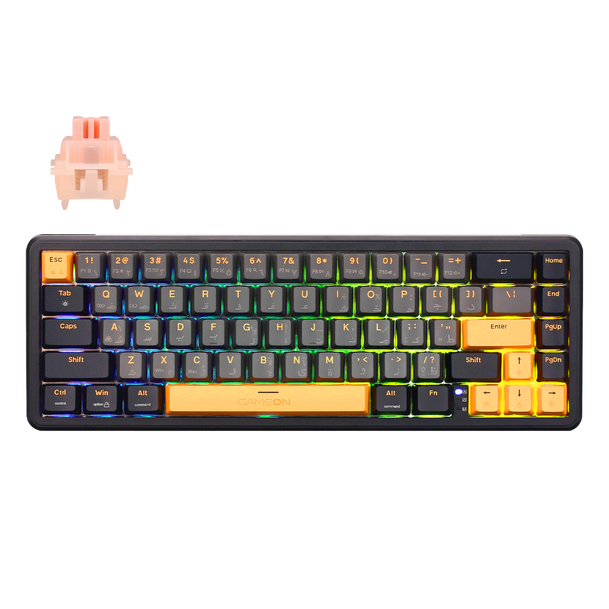 GAMEON VOLT GOMGK68-RS 60% RGB Magnetic Gaming Keyboard - Front view showing pink switches and compact layout.