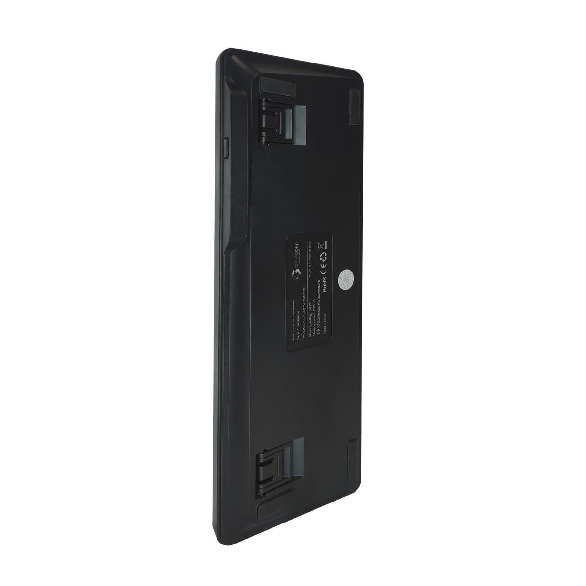 Bottom view of GAMEON VOLT GOMGK68-RS 60% RGB magnetic keyboard showing label, and anti-slip rubber pads.