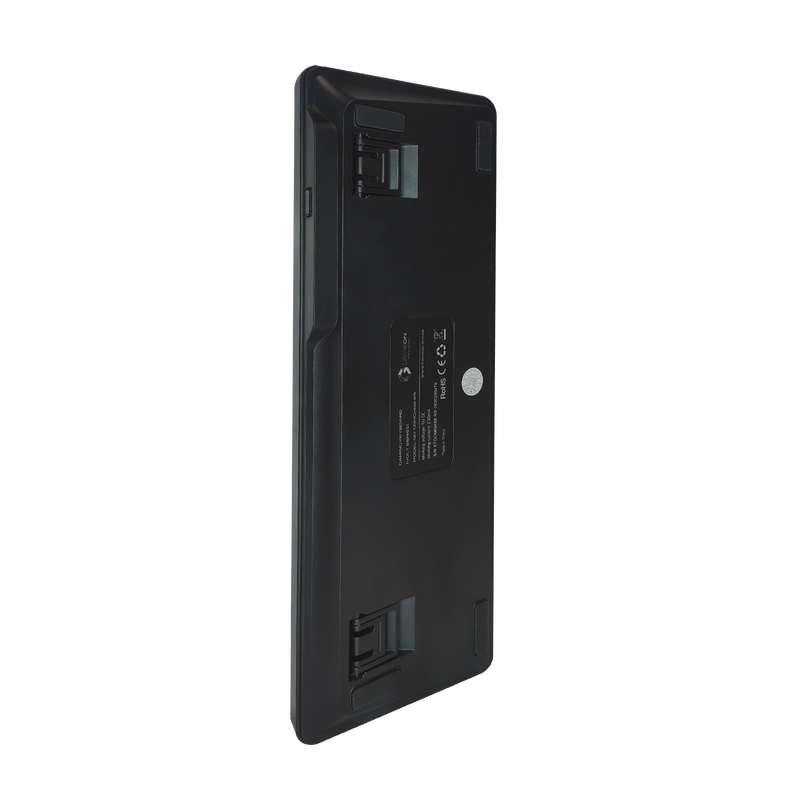 Bottom view of GAMEON VOLT GOMGK68-RS 60% RGB magnetic keyboard showing label, and anti-slip rubber pads.