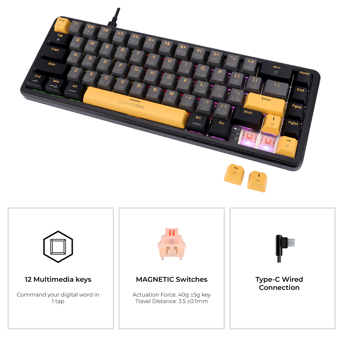 Side angle of GAMEON VOLT GOMGK68-RS Magnetic Keyboard - slim profile with pink switches, RGB backlight, Type-C connection, and 12 multimedia keys.
