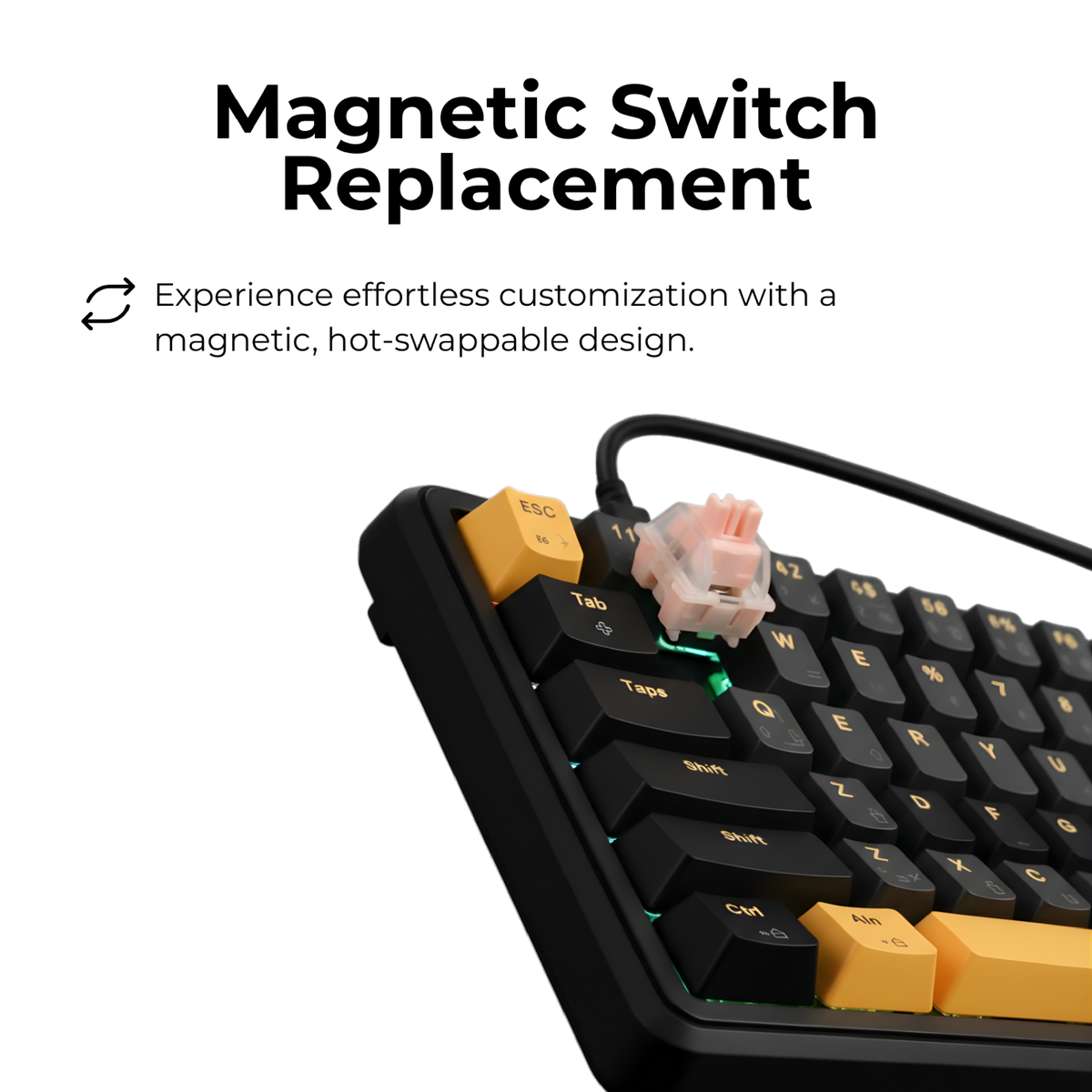 GAMEON VOLT GOMGK68-RS 60% RGB Magnetic Gaming Keyboard - Side angle showing detachable Type-C cable connection and pink magnetic switch detail.