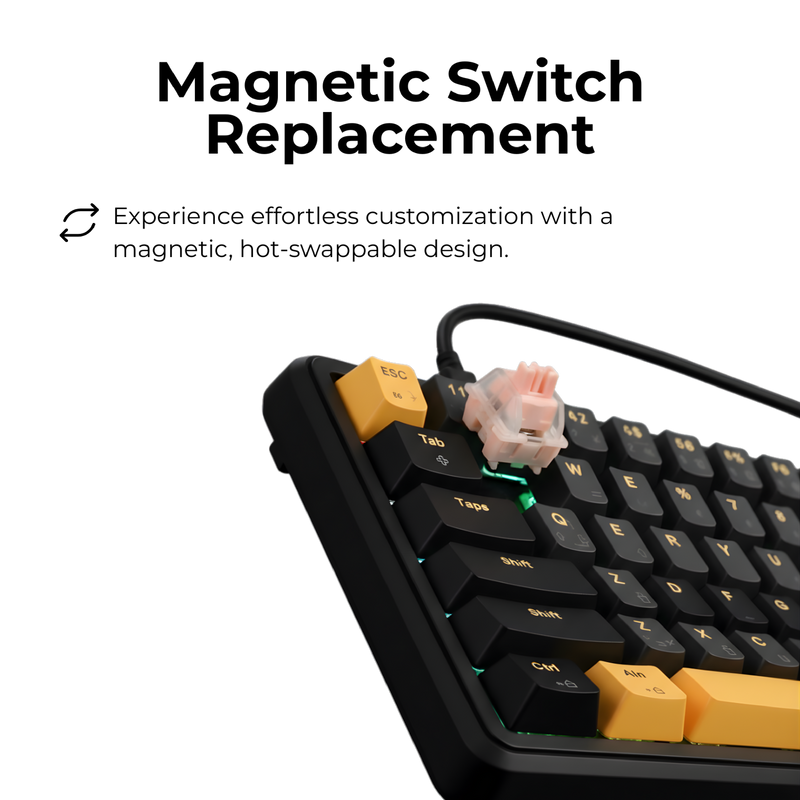 GAMEON VOLT GOMGK68-RS 60% RGB Magnetic Gaming Keyboard - Side angle showing detachable Type-C cable connection and pink magnetic switch detail.