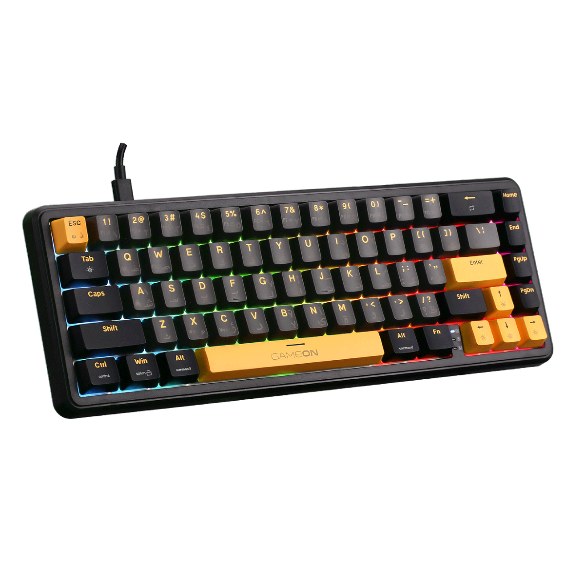 Angled view of GAMEON VOLT GOMGK68-RS 60% RGB Magnetic Gaming Keyboard - pink switches, Type-C connection, and full RGB edge lighting.