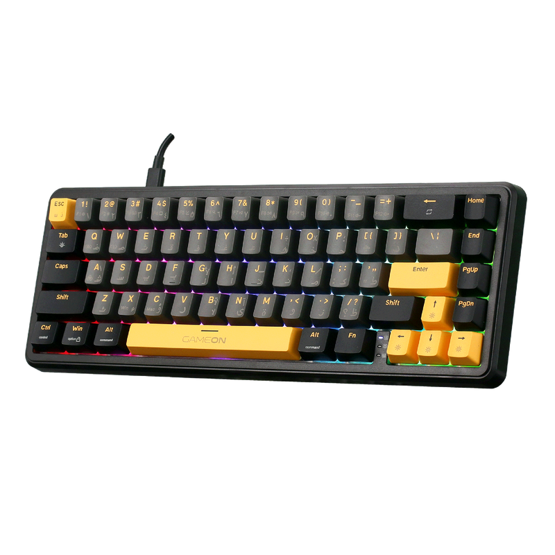 Angled front-right view of GAMEON VOLT GOMGK68-RS 60% RGB magnetic keyboard, compact layout with rainbow backlighting.
