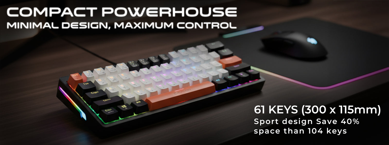 GAMEON AEROX GOMK160-RS 60% RGB mechanical gaming keyboard with 61-key compact layout, space-saving design, and portable form factor for efficient gaming and productivity.