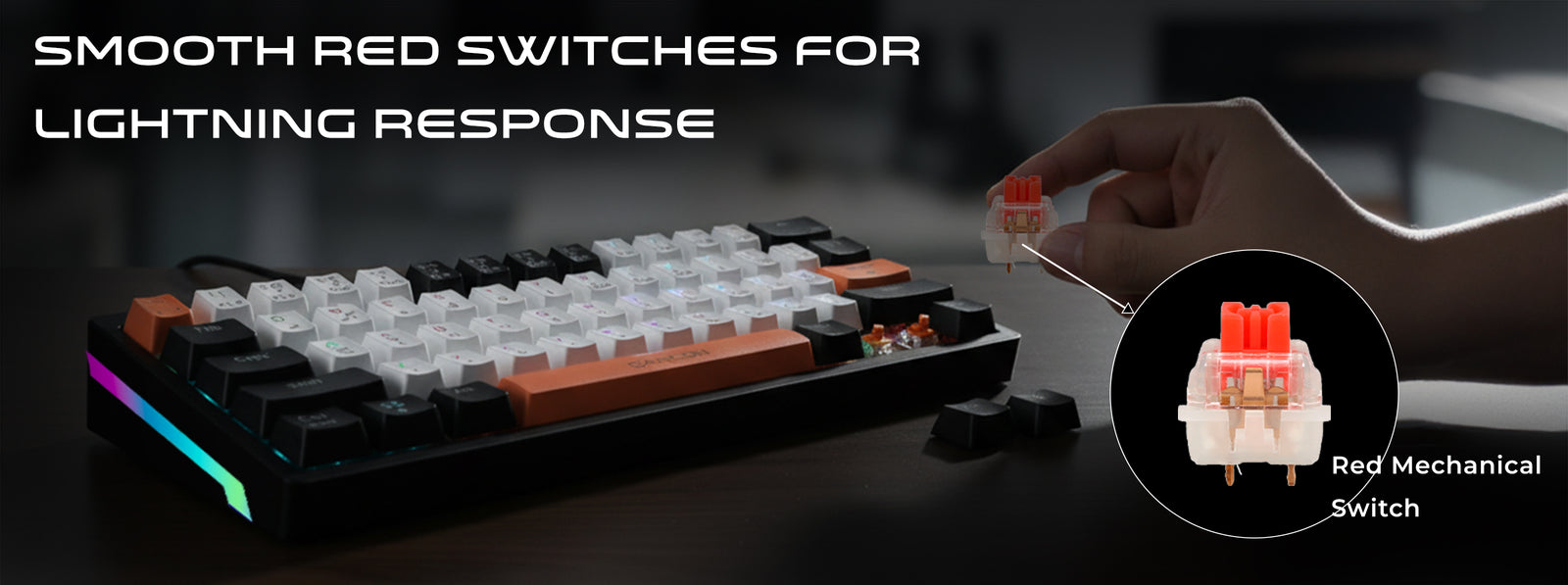 GAMEON AEROX GOMK160-RS keyboard with smooth red mechanical switches, 20 million keystroke lifespan, rainbow RGB lighting.