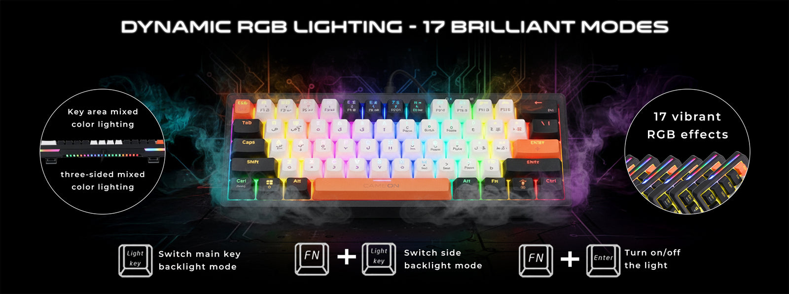 GAMEON AEROX GOMK160-RS keyboard featuring RGB backlight with 17 customizable lighting effects, adjustable brightness and speed, and per-key mixed color illumination.