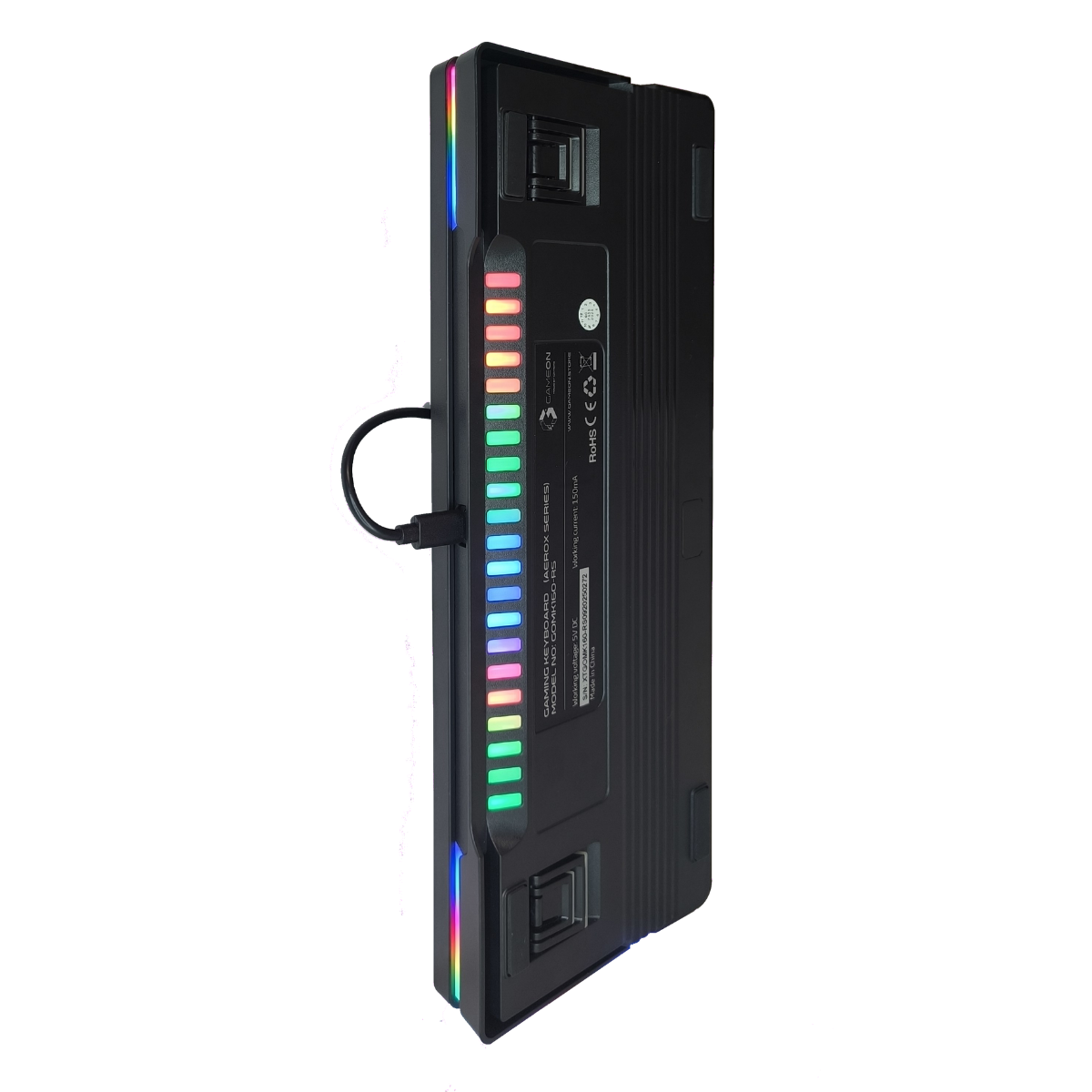 Bottom view of GAMEON AEROX GOMK160-RS 60% RGB mechanical keyboard showing label, Top RGB light bar, and anti-slip rubber pads.