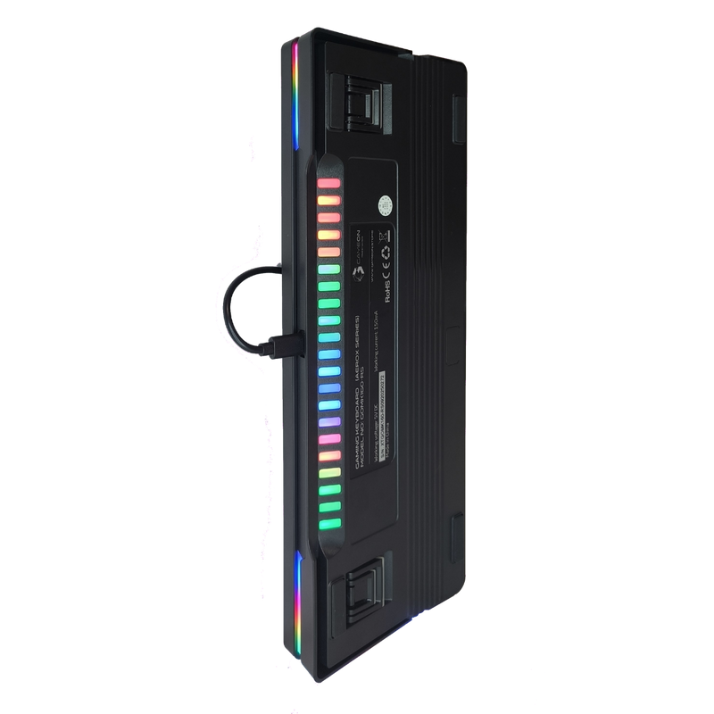 Bottom view of GAMEON AEROX GOMK160-RS 60% RGB mechanical keyboard showing label, Top RGB light bar, and anti-slip rubber pads.