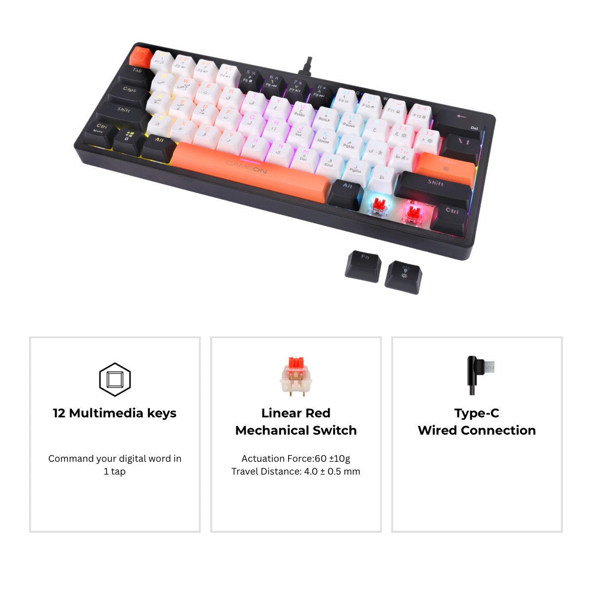Side angle of GAMEON AEROX GOMK160-RS Mechanical Keyboard – slim profile with red switches, RGB backlight, Type-C connection, and 12 multimedia keys.