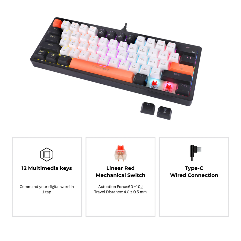 Side angle of GAMEON AEROX GOMK160-RS Mechanical Keyboard – slim profile with red switches, RGB backlight, Type-C connection, and 12 multimedia keys.