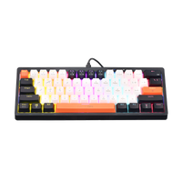 Close-up of GAMEON AEROX GOMK160-RS keyboard keycaps and red switches illuminated by RGB lighting.