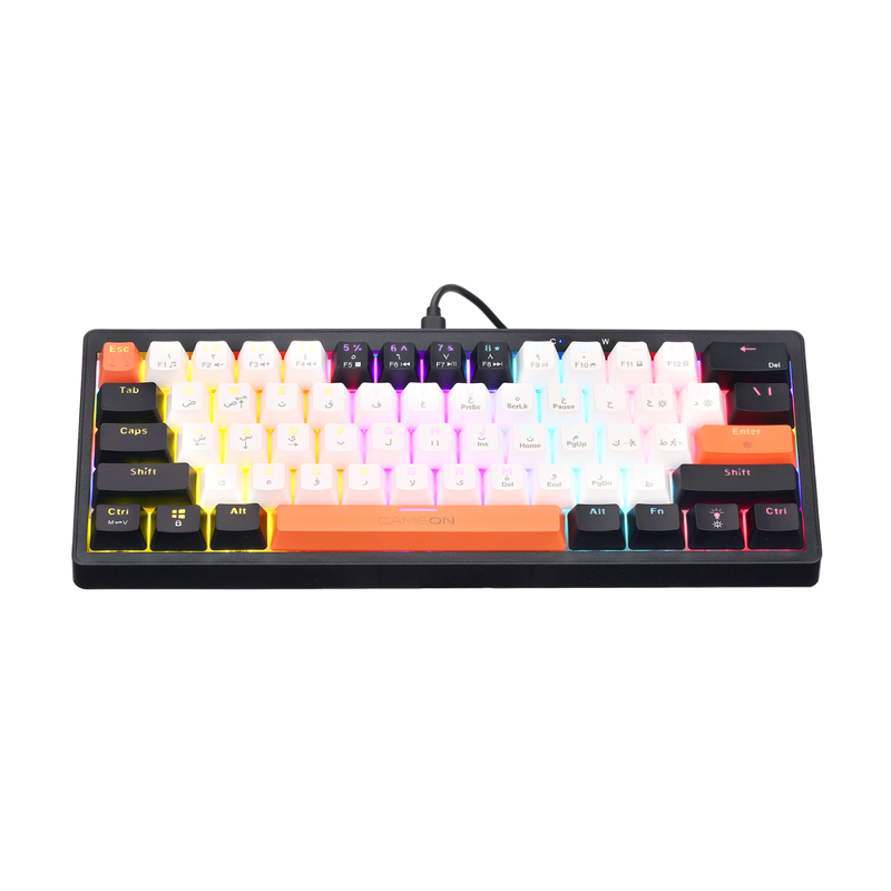 Close-up of GAMEON AEROX GOMK160-RS keyboard keycaps and red switches illuminated by RGB lighting.