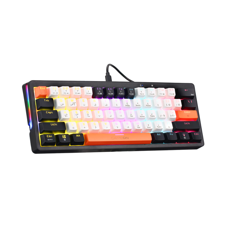 Angled view of GAMEON AEROX GOMK160-RS 60% RGB Mechanical Gaming Keyboard - red switches, Type-C connection, and full RGB edge lighting.