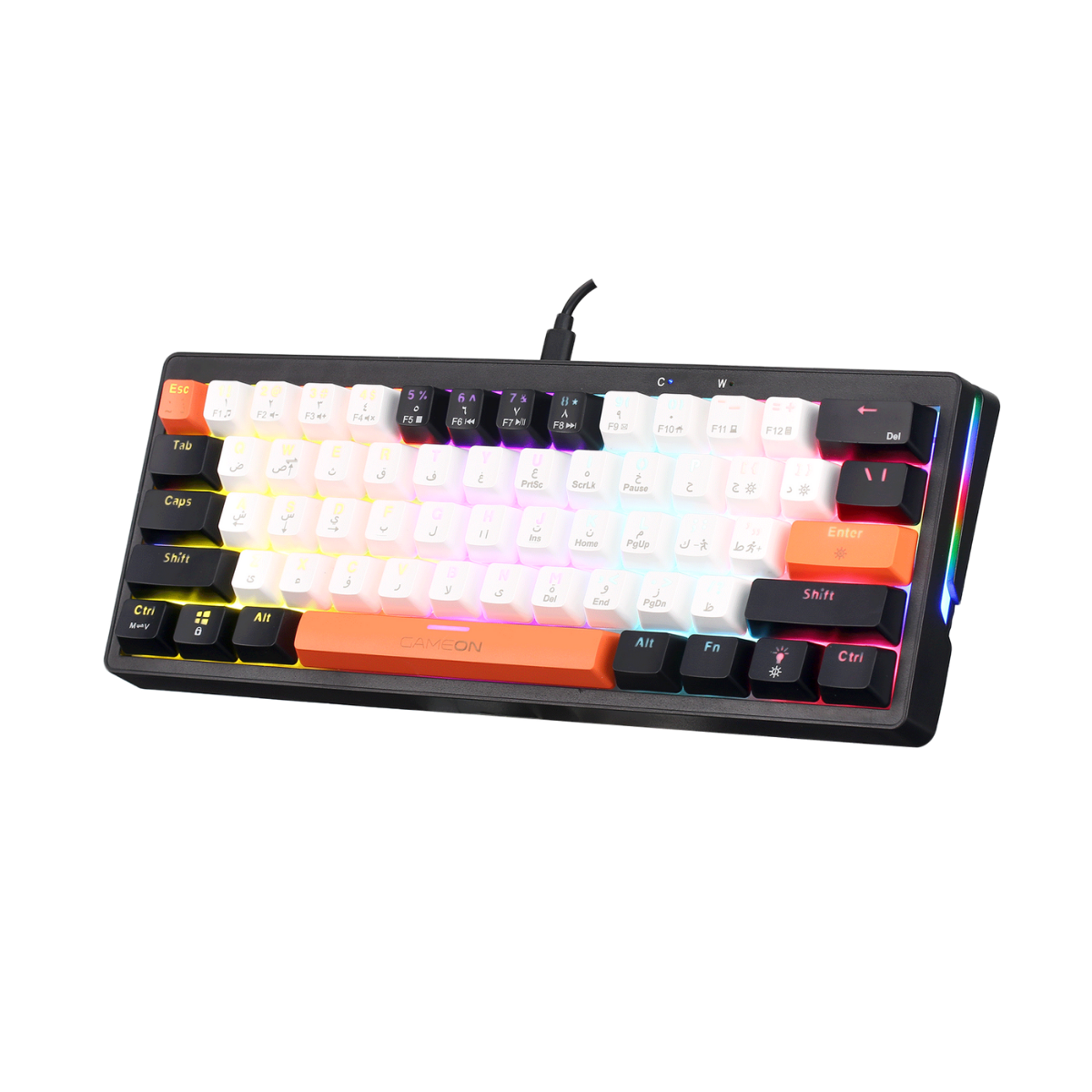 Angled front-right view of GAMEON AEROX GOMK160-RS 60% RGB mechanical keyboard, compact layout with rainbow backlighting.