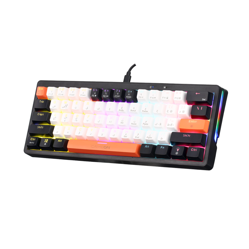 Angled front-right view of GAMEON AEROX GOMK160-RS 60% RGB mechanical keyboard, compact layout with rainbow backlighting.
