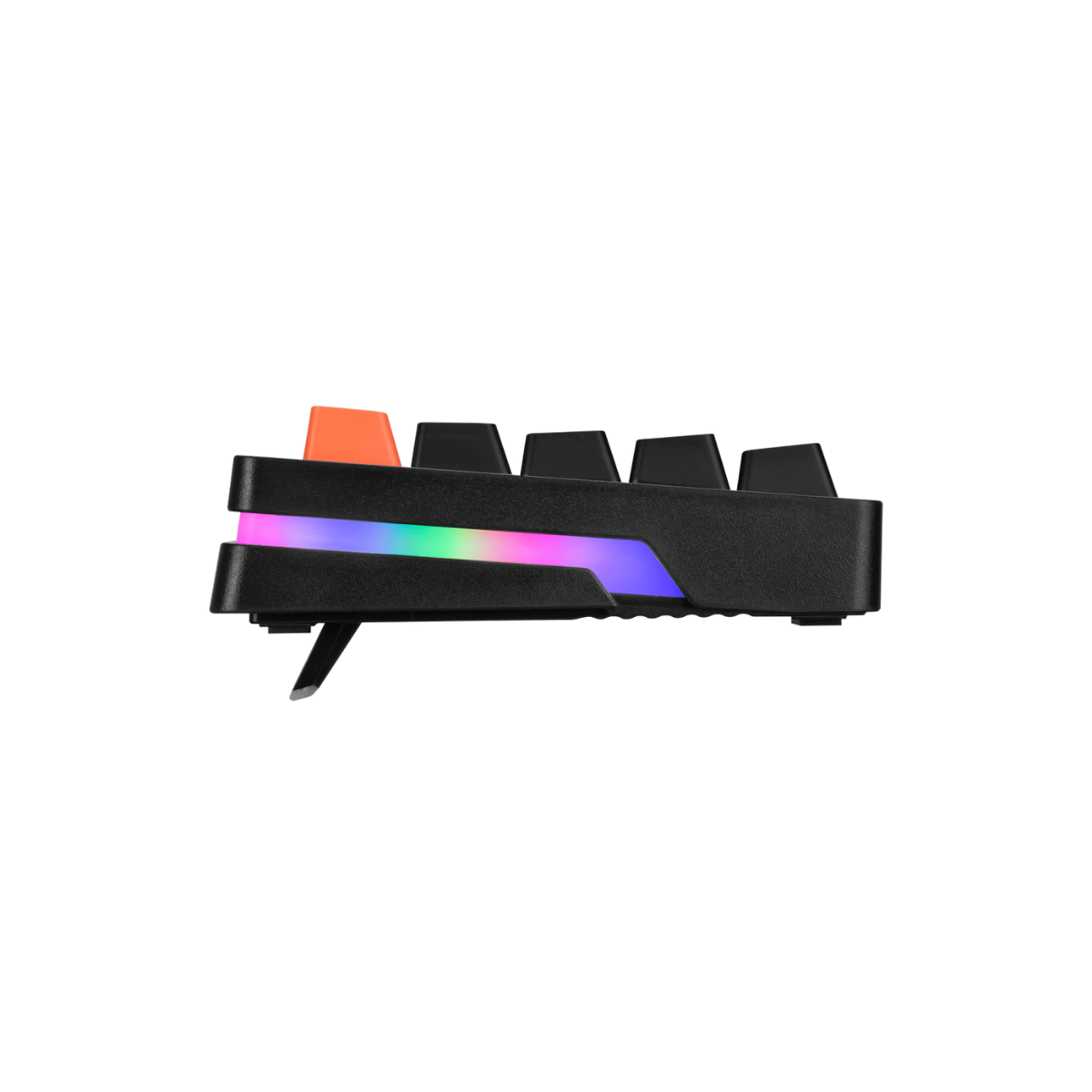 Side view of GAMEON AEROX GOMK160-RS 60% RGB mechanical keyboard showing the side RGB light bar and sloped key profile.