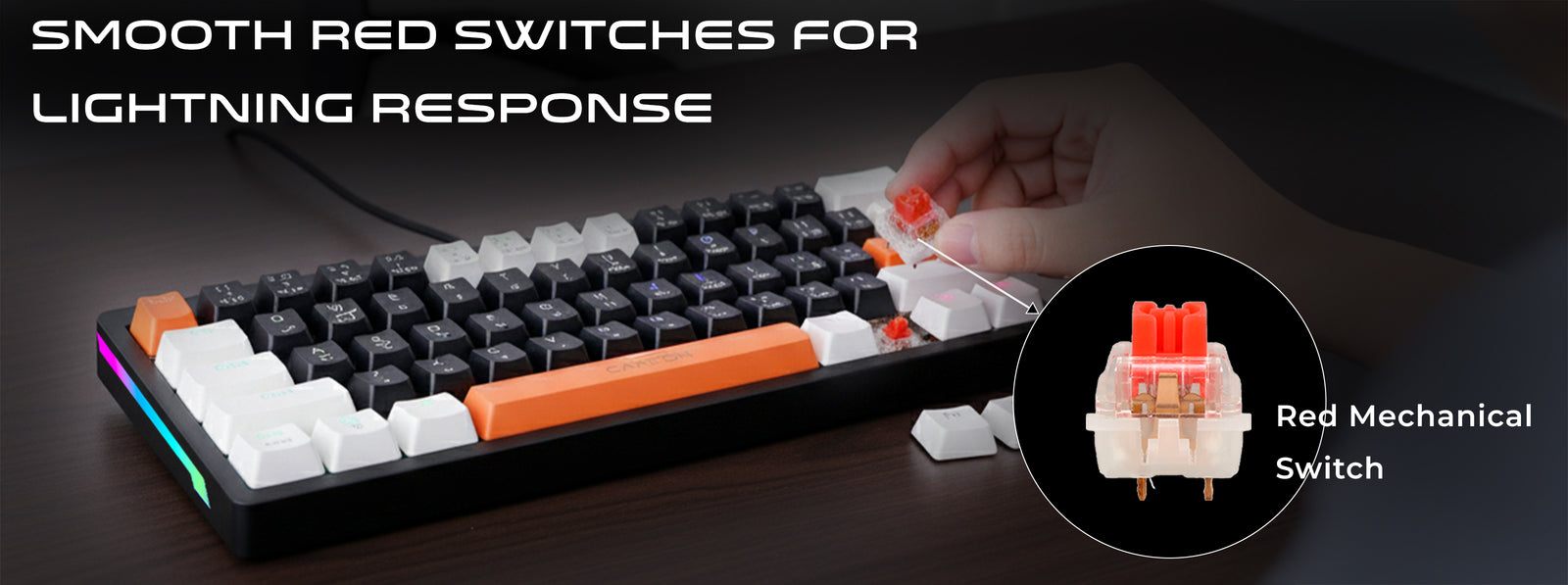 GAMEON AEROX GOMK60-RS keyboard with smooth red mechanical switches, 20 million keystroke lifespan, rainbow RGB lighting.