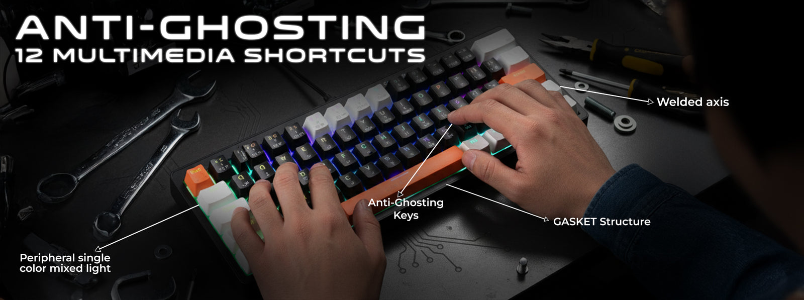 GAMEON AEROX GOMK60-RS keyboard featuring anti-ghosting, red linear mechanical switches, gasket structure, and 12 multimedia shortcuts for precise and responsive control.