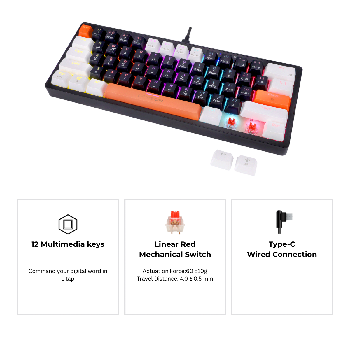 Side angle of GAMEON AEROX GOMK60-RS Mechanical Keyboard – slim profile with red switches, RGB backlight, Type-C connection, and 12 multimedia keys.