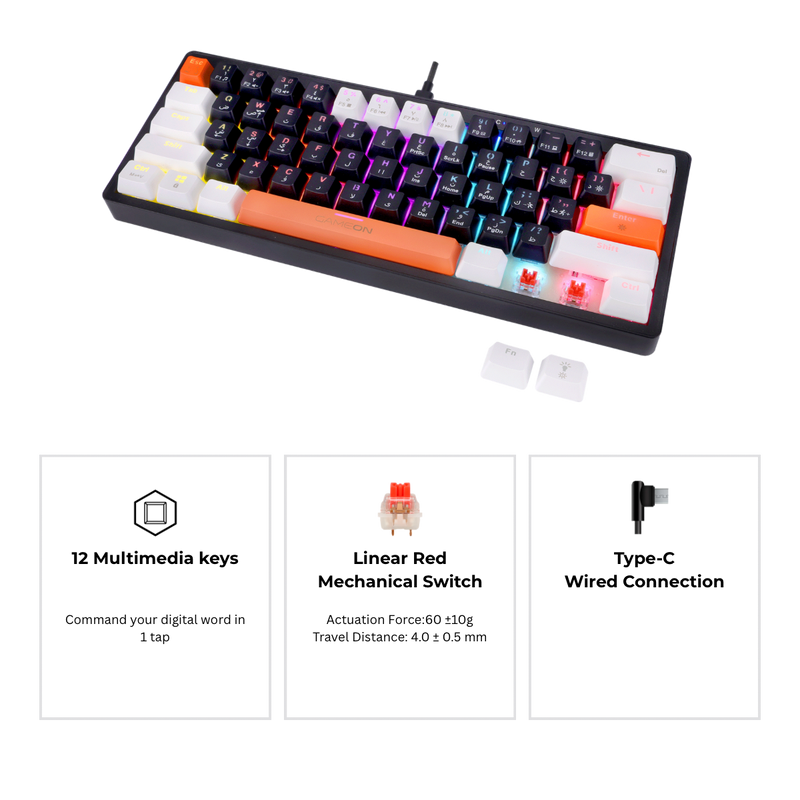 Side angle of GAMEON AEROX GOMK60-RS Mechanical Keyboard – slim profile with red switches, RGB backlight, Type-C connection, and 12 multimedia keys.