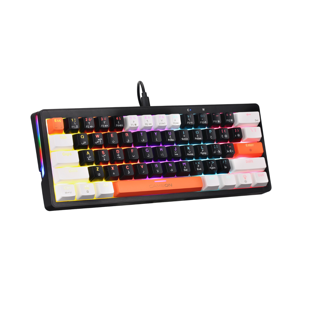 Angled view of GAMEON AEROX GOMK60-RS 60% RGB Mechanical Gaming Keyboard - red switches, Type-C connection, and full RGB edge lighting.