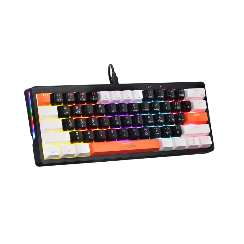 Angled view of GAMEON AEROX GOMK60-RS 60% RGB Mechanical Gaming Keyboard - red switches, Type-C connection, and full RGB edge lighting.